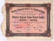 Bank Kredytowy w Warszawie S.A. 10 akcji na okaziciela po 1000 mkp, kz. 150 mln
Bank Kredytowy w Warszawie powstał w 1916 roku. Prowadził dynamiczną e...