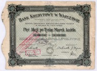 Bank Kredytowy w Warszawie S.A. 5 akcji na okaziciela po 1000 mkp, kz. 250 mln
Bank Kredytowy w Warszawie powstał w 1916 roku. Prowadził dynamiczną ek...