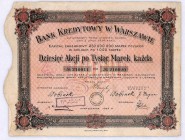 Bank Kredytowy w Warszawie S.A. 10 akcji na okaziciela po 1000 mkp, kz 250 mln
Bank Kredytowy w Warszawie powstał w 1916 roku. Prowadził dynamiczną ek...