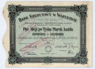 Bank Kredytowy w Warszawie S.A. 5 akcji na okaziciela po 1000 mkp, kz 1 mld
Bank Kredytowy w Warszawie powstał w 1916 roku. Prowadził dynamiczną ekspa...