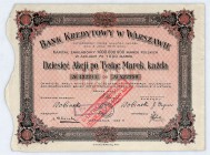 Bank Kredytowy w Warszawie S.A. 10 akcji na okaziciela po 1000 mkp, kz 1 mld
Bank Kredytowy w Warszawie powstał w 1916 roku. Prowadził dynamiczną eksp...