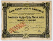 Bank Kredytowy w Warszawie S.A. 20 akcji na okaziciela po 1000 mkp, em. XI
Bank Kredytowy w Warszawie powstał w 1916 roku. Prowadził dynamiczną ekspan...