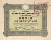 Bank Kwilecki, Potocki i S-ka S.A. akcja na 100 zł, em. I
Bank działał początkowo na terenie Wielkopolski (od 1912 roku jako spółka akcyjna), aby po o...
