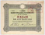 Bank Kwilecki, Potocki i S-ka S.A. akcja na 100 zł, em. II
Bank działał początkowo na terenie Wielkopolski (od 1912 roku jako spółka akcyjna), aby po ...
