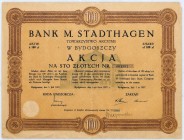 Bank M. Stadthagen Towarzystwo Akcyjne akcja na 100 zł, 1927
Bank z tradycjami, jeden z najdłużej działających w Bydgoszczy, chociaż w formie spółki a...