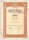 Bank Polski S.A. 10 akcji po 100 zł, 1934
Bank emisyjny Państwa Polskiego, stworzony w ramach reformy Grabskiego, kapitał pochodził z powszechnej subs...