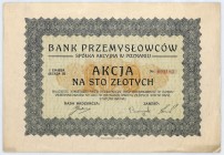 Bank Przemysłowców S.A. akcja na 100 zł, em. I s. B
Drugi co do wielkości bank poznański, niestety nie przetrwał kryzysów w okresie międzywojennym. Os...
