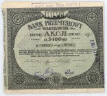 Bank Przemysłowy Warszawski 10 akcji na 540 mkp, em. II
Mimo, że bank powstał jeszcze przed I wojną światową, to nie rozwinął swej działalności i pozo...