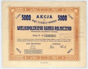 Wielkopolski Bank Rolniczy akcja na 5000 mkp, em. IV, s. D
Bank w swej historii posługiwał się po kolei trzema firmami:&nbsp; Bank Rolniczo-Przemysłow...