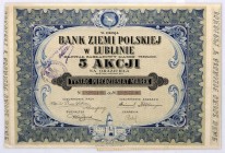 Bank Ziemi Polskiej w Lublinie S.A. 5 akcji po 210 mkp, em. VI
Bardzo ładny i już rzadko spotykany papier wartościowy jednego z małych, regionalnych b...