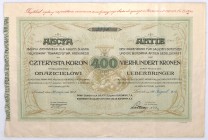 Bank Ziemski dla Galicji, Śląska i Bukowiny akcja na 400 koron, 1918
Mały bank wystawiający efektowną, ozdobną akcję. Bank założony w Łańcucie, pod ko...