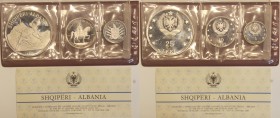 Monete Estere. Albania. Serie di tre monete. 25, 10 e 5 Leke 1968. Ag. FDC. Confezione danneggiata.