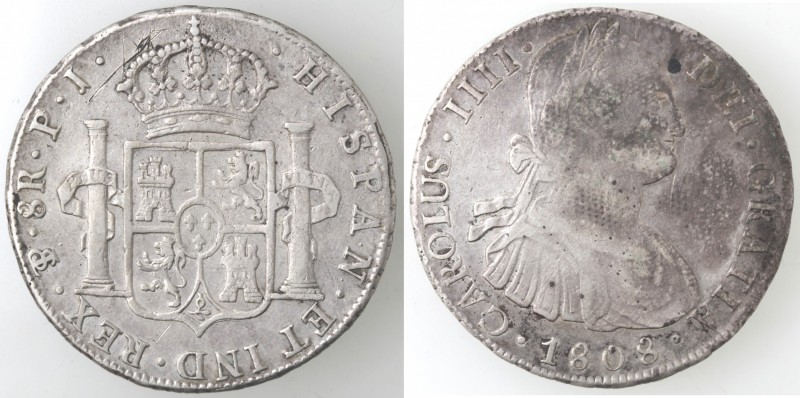 Monete Estere. Bolivia. Potosì. Carlo IIII. 1788-1808. 8 Reales 1808 P J. Ag. Km...