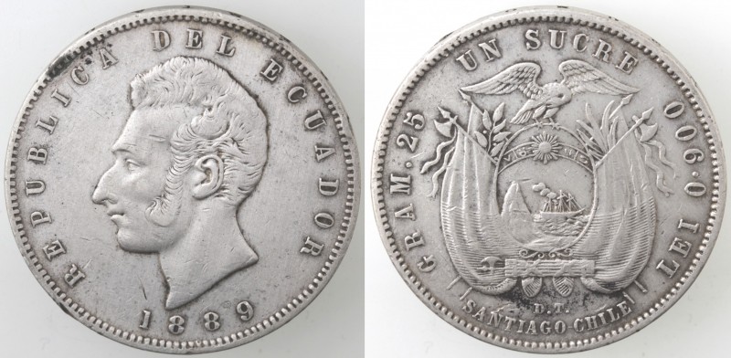 Monete Estere. Ecuador. Repubblica. Sucre 1889. Ag. Zecca di Santiago del Cile. ...