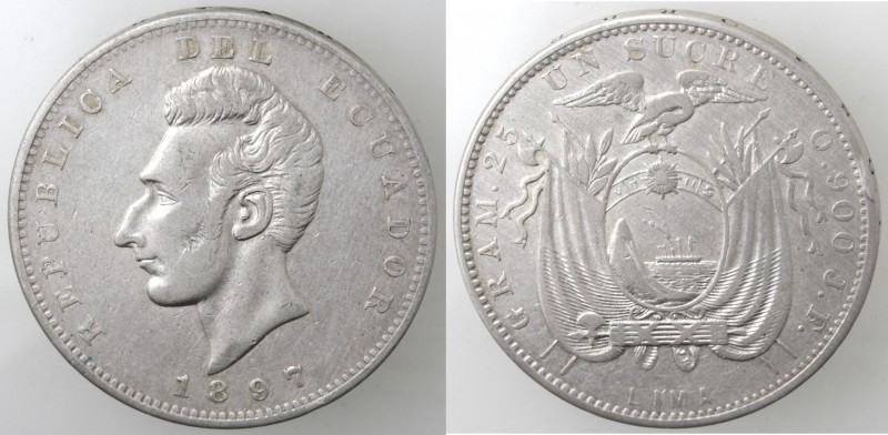 Monete Estere. Ecuador. Repubblica. Sucre 1897. Ag. Zecca di Lima. Km 53.3. Peso...