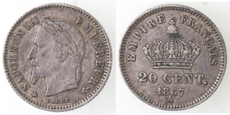 Monete Estere. Francia. Napoleone III. 1852-1870. 20 Centesimi 1867 A. Ag. Km 80...