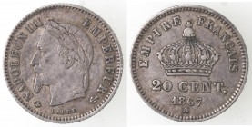 Monete Estere. Francia. Napoleone III. 1852-1870. 20 Centesimi 1867 A. Ag. Km 808.1. Peso gr. 1,00. Diametro mm. 16. qSPL. Patina.