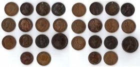 Monete Estere. Gran Bretagna. Lotto di 14 monete in Rame. Penny, Token e Half Anna 1862. Conservazione media MB. (D. 0121)