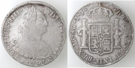 Monete Estere. Perù. Lima. Carlo IIII. 1788-1808. 8 Reales 1795 I J. Ag. Km 97. Peso gr. 26,74. Diametro mm. 39,50. MB. 
