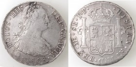 Monete Estere. Perù. Lima. Carlo IIII. 1788-1808. 8 Reales 1808 I J. Ag. Km 97. Peso gr. 27,08. Diametro mm. 39. BB+.