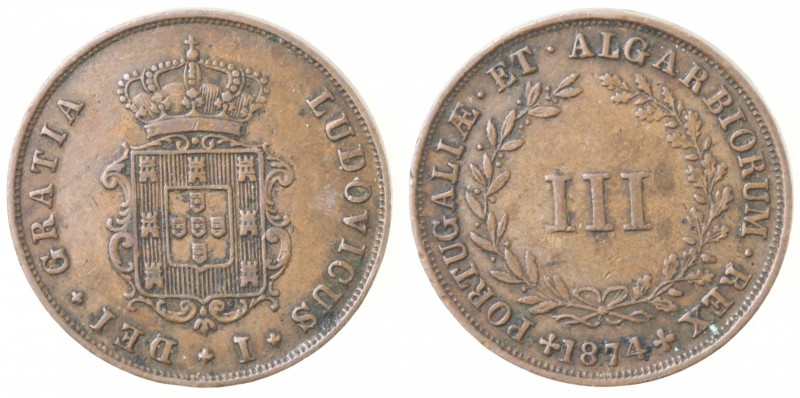 Monete Estere. Portogallo. Luis I. 1861-1889. 3 Reis 1844. Ae. Km 517. Peso gr. ...