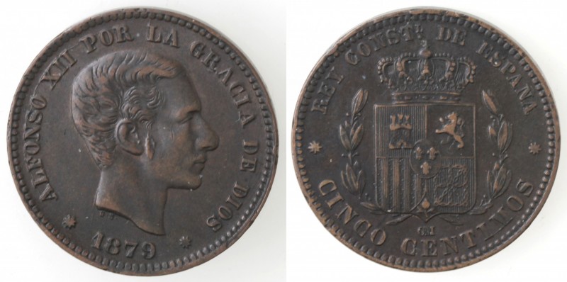 Monete Estere. Spagna. Alfonso XII. 1875-1885. 5 Centimos 1879. Ae. Km 674. Peso...