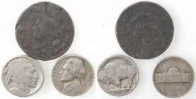 Monete Estere. Lotto di 3 monete. USA. Centesimo 1820. 2 pezzi da 5 centesimi. Ae-NI. Mediamente MB.