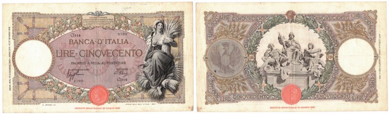 Banconote. Regno D'Italia. Vittorio Emanuele III. 500 Lire Mietitrice. (Fascio)....