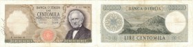 Banconote. Repubblica Italiana. 100.000 Lire Manzoni. D.M. 19 luglio 1970. Gig. BI82B2. BB. Strappo in basso, scritta laterale e pieghe. R. (D. 7220)