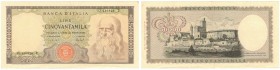 Banconote. Repubblica Italiana. 50.000 Lire Leonardo. D.M. 4 Febbraio 1974. Gig.BI78D. qSPL. Due fori da spillo in alto, pieghe pressate. R. (D. 7220)