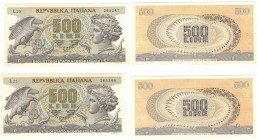 Banconote. Repubblica Italiana. Lotto di 2 pezzi. 500 Lire Aretusa. D.M. 31 Marzo 1966. FDS. (D. 7120)