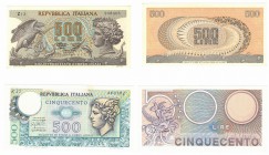 Banconote. Repubblica Italiana. Lotto di 2 pezzi. 500 Lire Aretusa e Mercurio. qFDS. (D. 6920)