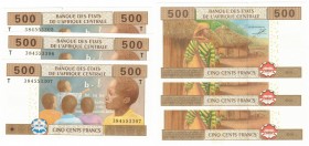 Banconote. Stati Africa Centrale. 500 Franchi 2002. Lotto di 3 pezzi consecutivi. Tutti FDS. (D. 0115)