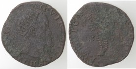 Zecche Italiane. Napoli. Filippo II. 1556-1598. Tornese 1573. Ae. Mir 190. Peso gr. 6,89. Diametro mm. 27. MB+. Patina. RR. (D. 0721)