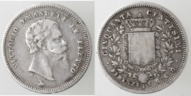 Casa Savoia. Vittorio Emanuele II. Re Eletto. 1859-1861. 50 Centesimi 1860 Firenze. Ag. Gig. 15. Peso gr. 2,38. Diametro mm. 18. qBB. (D. 0821)