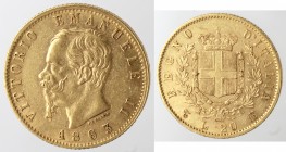 Casa Savoia. Vittorio Emanuele II. 1861-1878. 20 Lire 1863 Torino. Au. Gig. 7. qSPL. Peso gr. 6,45. Colpetto al bordo.