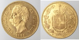 Casa Savoia. Umberto I. 1878-1900. 20 Lire 1891. Au. Gig. 20. Peso gr. 6,45. qFDC. Fondi a specchio. Secondo 1 ribattuto.