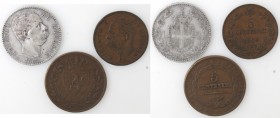Casa Savoia. Lotto di 3 monete. 2 Lire 1887, 5 Centesimi 1896 e 5 Centesimi 1826. Ae-Ag. Mediamente BB. (D. 6020)