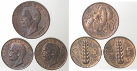 Casa Savoia. Vittorio Emanuele III. 1900-1943. Lotto di 3 monete. 10 Centesimi Ape 1920. 5 Centesimi Spiga 1921 e 1922. Ae. Mediamente qFDC. Residui d...