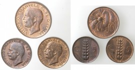 Casa Savoia. Vittorio Emanuele III. 1900-1943. Lotto di 3 monete. 10 Centesimi Ape 1921. 5 Centesimi Spiga 1922 e 1925. Ae. Mediamente da SPL a qFDC. ...