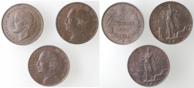 Casa Savoia. Vittorio Emanuele III. 1900-1943. Lotto di 3 monete. 2 Centesimi Valore 1906, 2 Centesimi Italia su prora 1911 e 1915. Ae. Mediamente SPL...