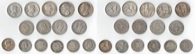 Casa Savoia. Lotto di 15 monete In Argento. 3 monete da 10 Lire, 6 monete da 2 Lire e 6 monete da 1 Lira. Conservazione da MB a BB. (D. 6020)