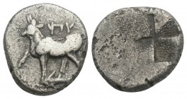 THRACE, Byzantion. Circa 340-320 BC. AR Half Siglos 2.4gr 13.7mm
Bull standing left on dolphin left / Mill sail incuse. SNG BM Black Sea 36–41; SNG Co...
