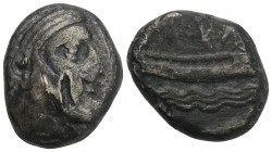 Greek
Phoenicia, Arados AR Stater. c. 348/7-339/8. 8.4gr 21mm
Laureate head of Ba‘al-Arwad r. / Galley sailing r. over waves within dotted square bord...