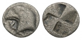 Greek AEOLIS. Kyme. Circa 480-450 BC. Hemiobol 0.4gr 7.5mm
 K-Y Eagle's head to left. Rev. Quadripartite incuse square of millsail pattern. SNG Copenh...