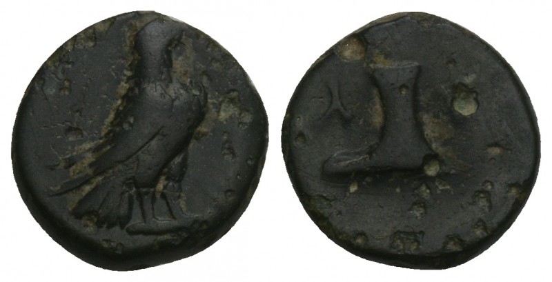 Greek
Aiolis, Kyme. Ca. 350-320 B.C. AE. 1.3gr 10.9mm
 Eagle standing right; AΠ ...