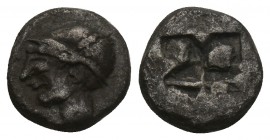 Greek Coins
IONIA. Phokaia. Obol (Circa 521-478 BC). 0.9gr 8.4mm
Obv: Archaic head of Athena left.
Rev: Quadripartite incuse square.
SNG Kayhan -; Kle...