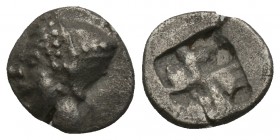 Greek 
IONIA. Phokaia. Obol (Circa 521-478 BC). 0.7gr 9.1mm
 Obv: Archaic head of Athena left. Rev: Quadripartite incuse square
