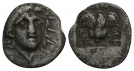 RHODES: Anonymous, ca. 167-88 BC, AR hemidrachm 1.1gr 13.1mm
 head of Helios face to right / rose, name above, symbols lower left & right