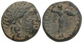 KINGS OF MACEDON. Demetrios I Poliorketes (306-283 BC). Ae. Uncertain mint in Caria. 5.8gr 18.4mm
Obv: Laureate head of Zeus right.
Rev: ΒΑΣΙΛΕΩΣ / ΔΗ...